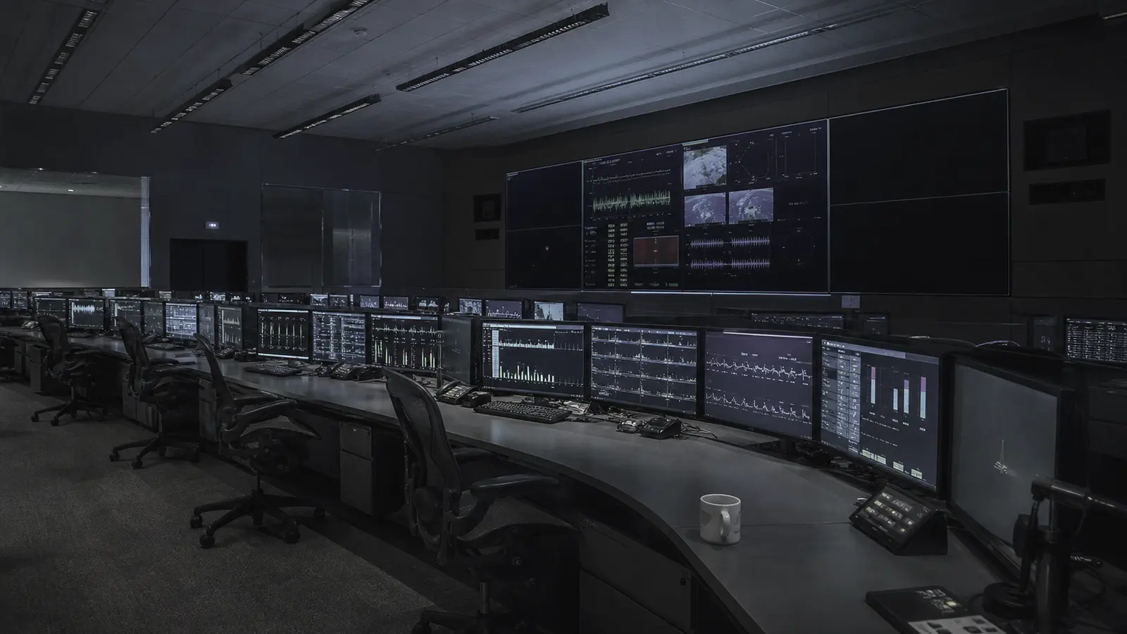 An empty mission control room lit by the cool blue-white glow of monitor screens — operator consoles, neutral grey acoustic-panelled walls, a single ceramic coffee cup on the edge of the desk.